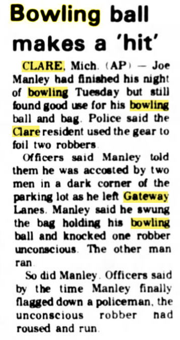 Gateway Lanes & Lounge - Feb 1977 - Robbery Thwarted By Bowling Ball